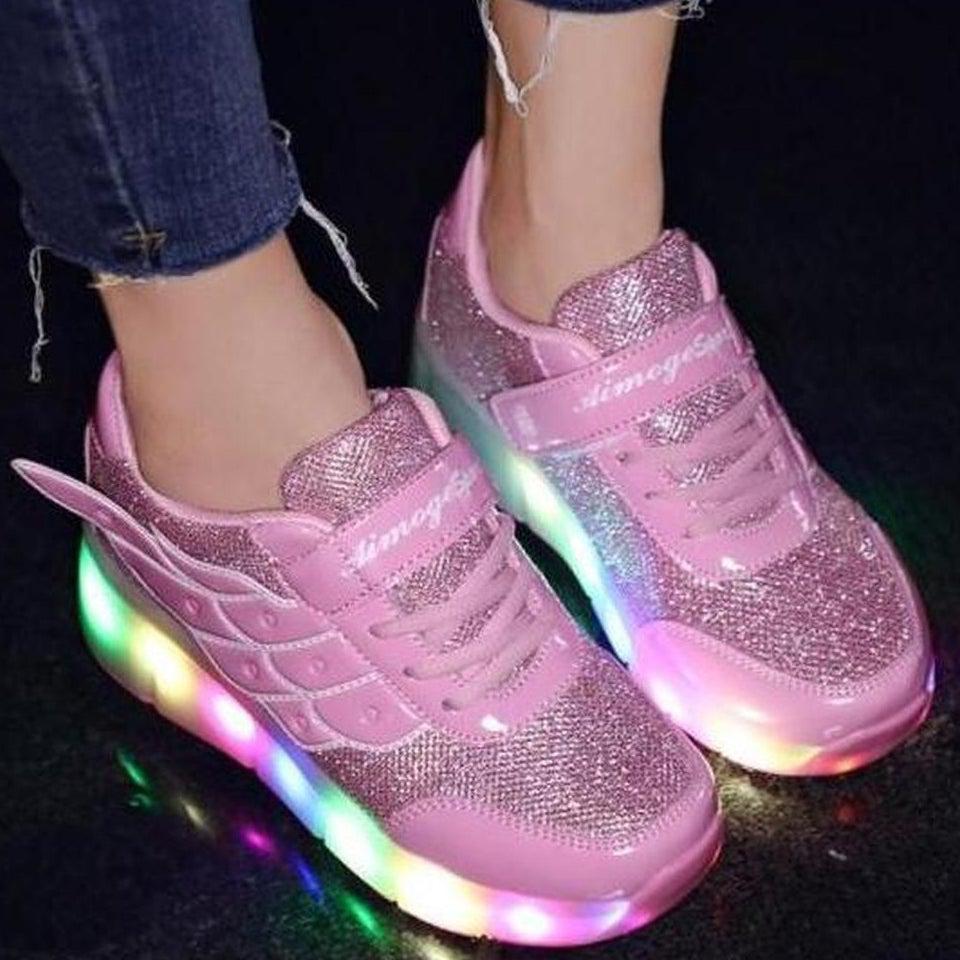 Pink Light Up Led Roller Shoes For Kids - Pink Wings | Kids Led Light Roller Wheel Shoes | ledlegs.